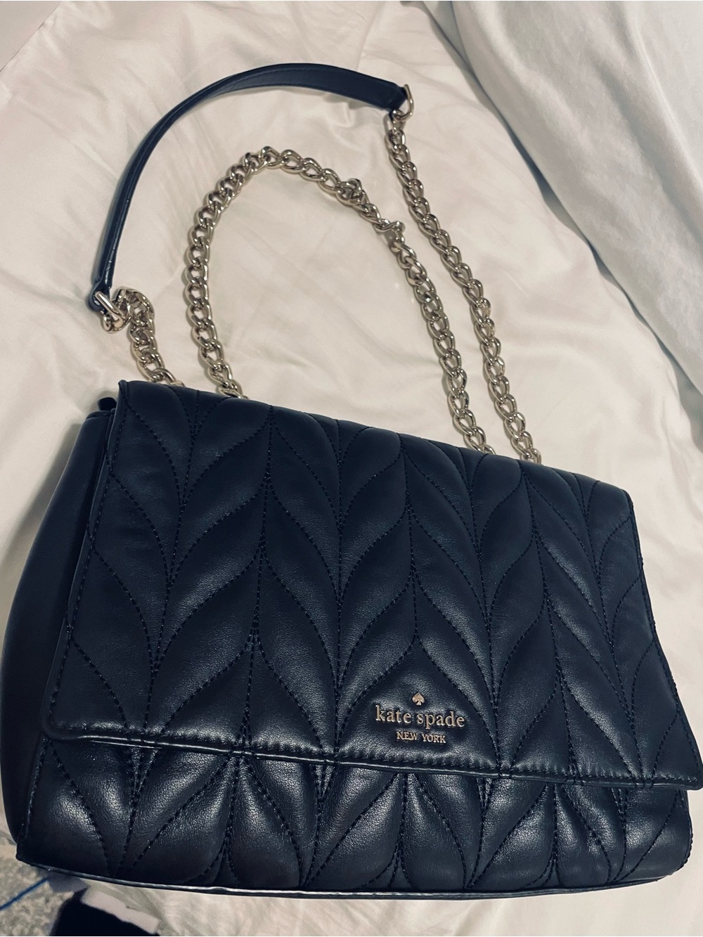 kate spade Flap Black Quilted Leather Shoulder Bag with Gold Chain
